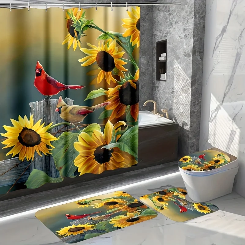 

4Pcs/set Sunflower Bird Print Shower Curtain Set Carpet Art Rug for Bedroom Soft Fluffy Bathroom Rug Nonslip Mat Home Decor