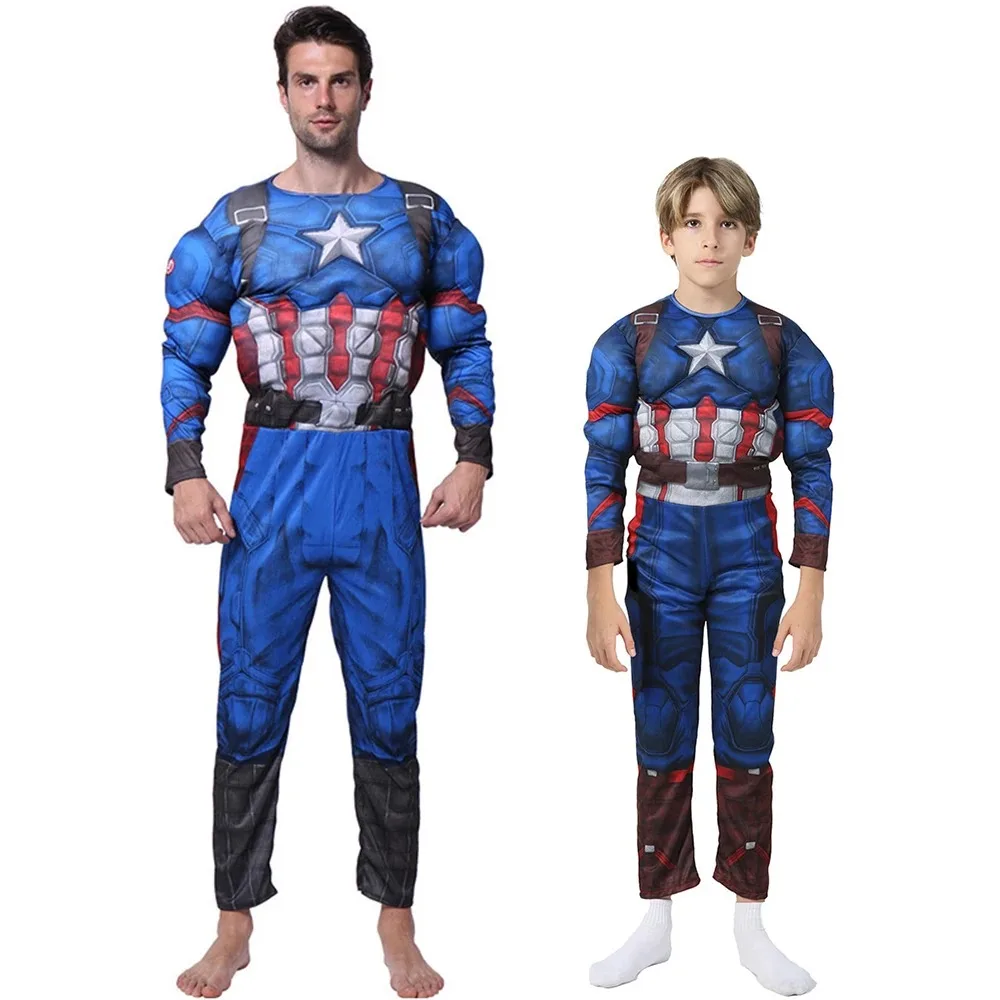 

Captain America Parents Cosplay Costume Jumpsuits Muscular Strong Ripped Body Shape Movie Character Role Play Clothes