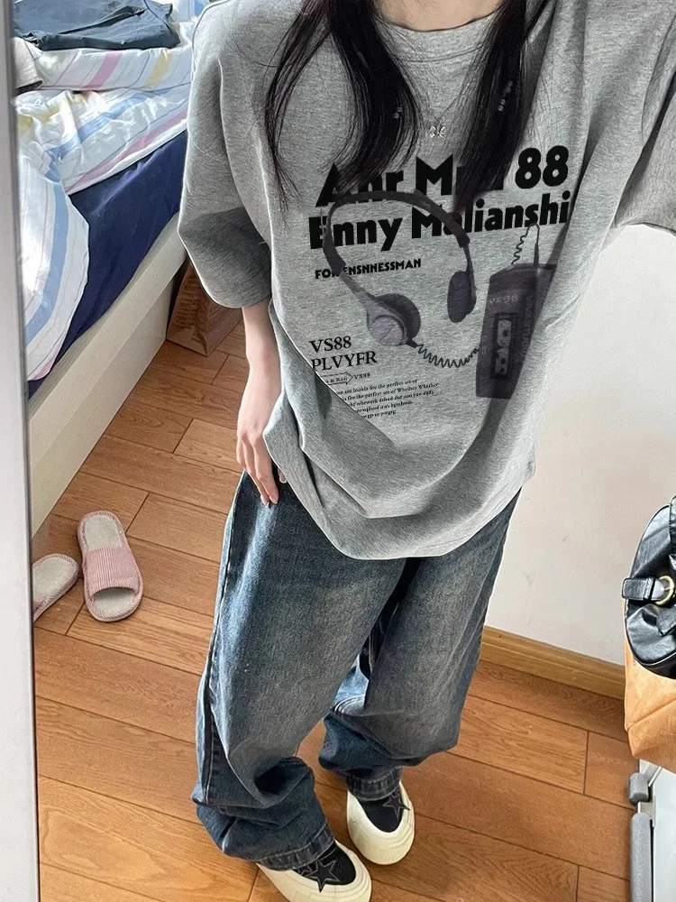 

Модная хлопковая футболка оверсайз с надписью для женщин, новинка 2025 года, топ для учащихся средней и старшей школы