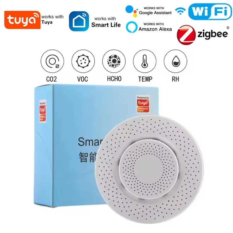

Tuya Smart WiFi/Zigbee Air Box Формальный дегид/VOC/температура/высокое обнаружение CO2 Smart APP Сигнализация в реальном времени Push Alexa Google