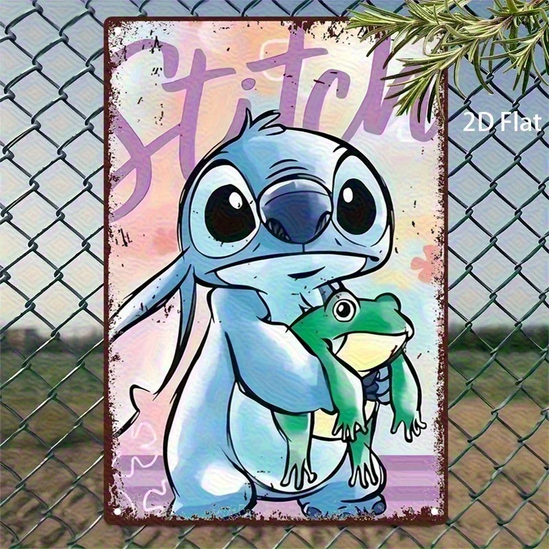 مسطح ثنائي الأبعاد، قطعة واحدة من لوحات فنية جدارية حديدية عتيقة من ديزني ستيتش آند فروج - تصميم كرتوني مسطح ثنائي الأبعاد، ديكور منزلي متين لغرفة المعيشة أو الخارجية