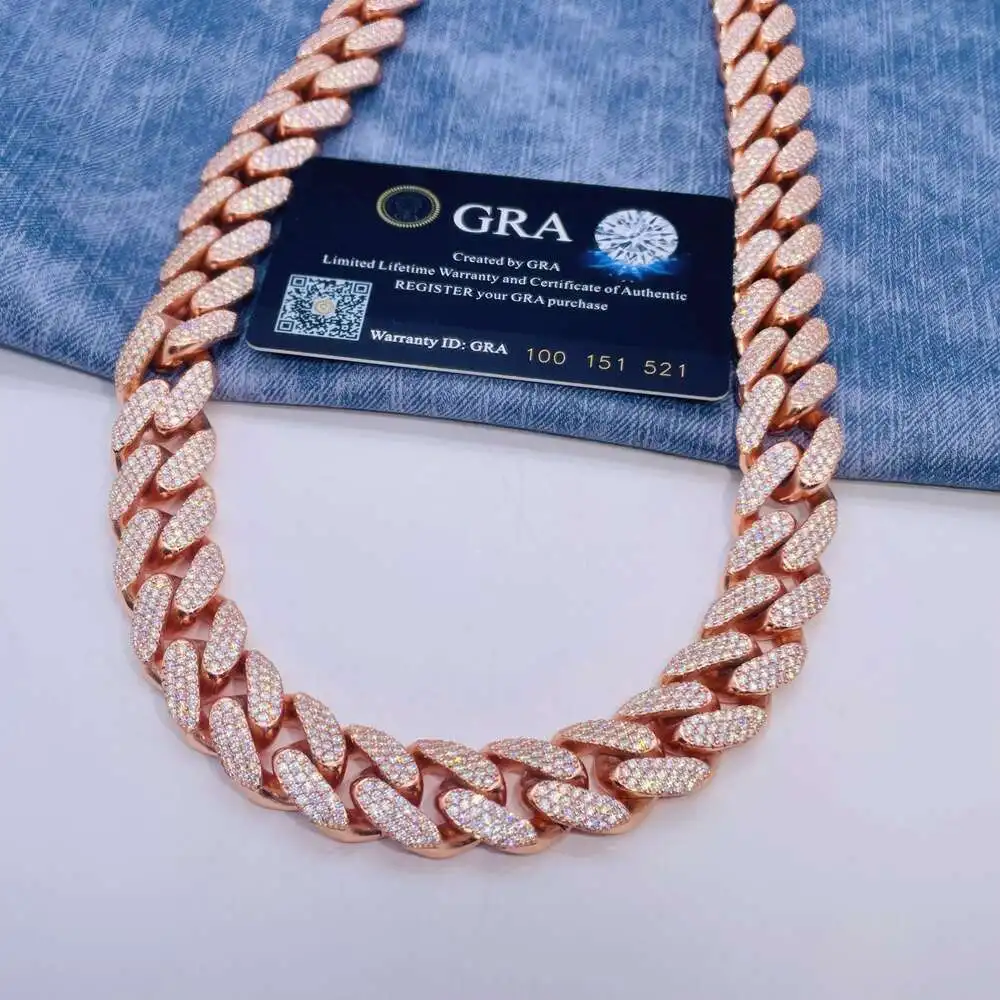 Luxury 18mm Moissanite Hip Hop Chain Pass Diamond Tester S925 Three Rows Vvs Moissanite Cuban Link Chain.