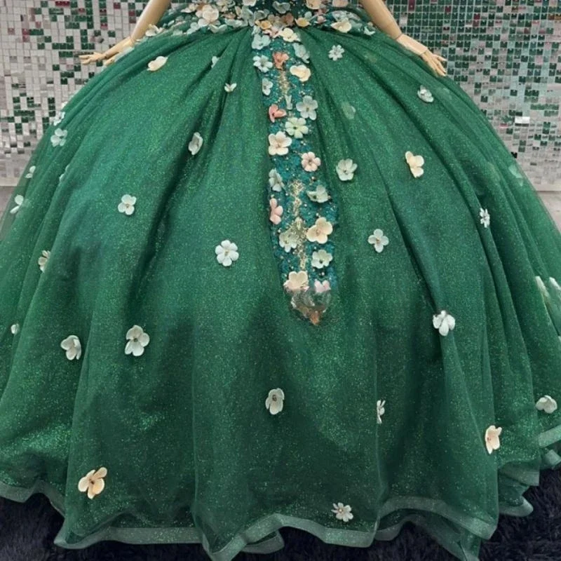 Personalizado de luxo verde vestido de baile quinceanera personalizado 2025 princessflower longo doce 15 16 anos festa de aniversário da menina