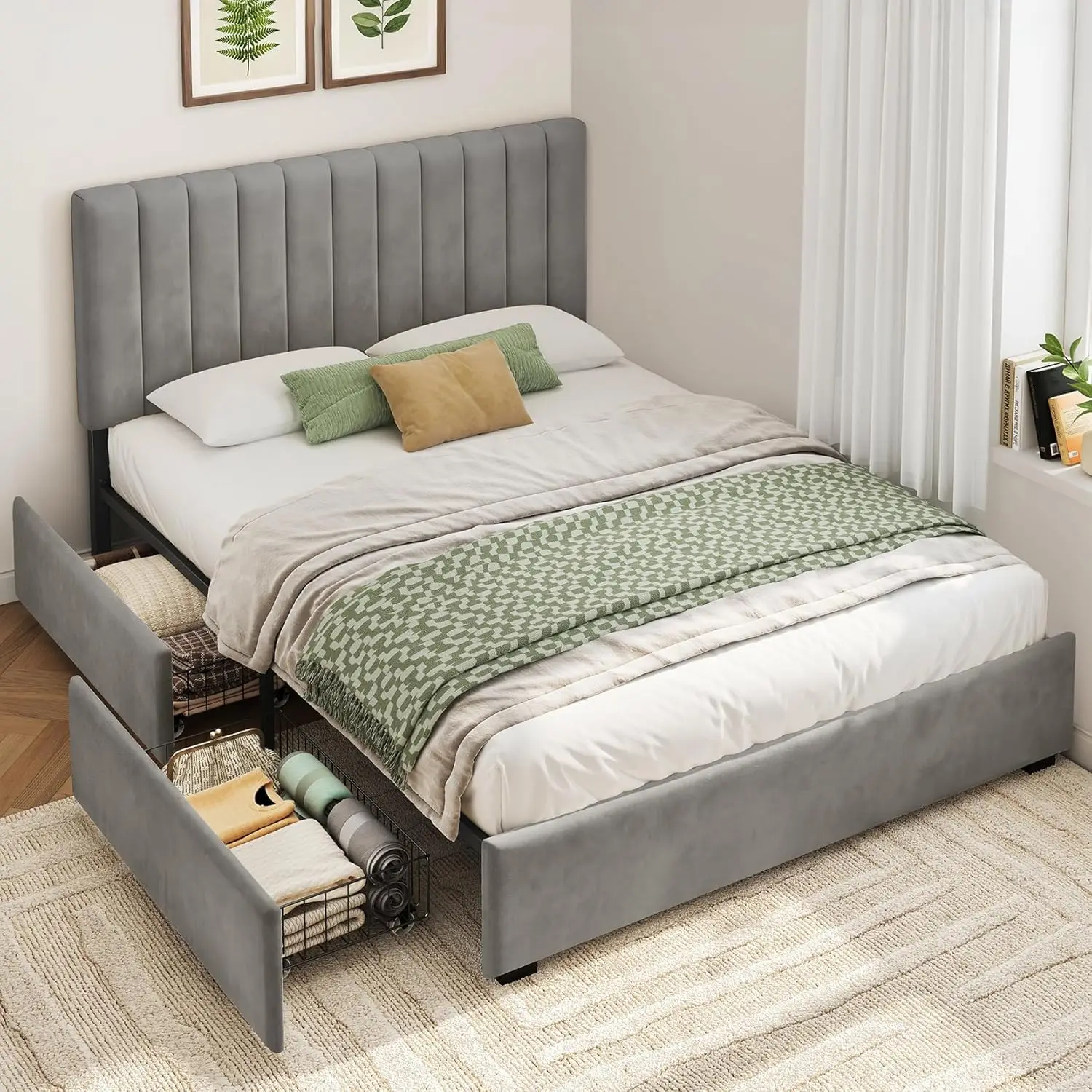 Queen Size Velvet Bed Frame with 2 Storage Drawers, Fully Upholstered Metal Platform Corner Bed Frame with Vertical, Customized