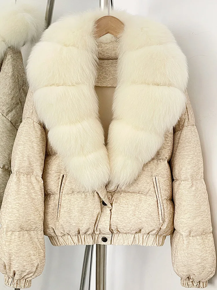 ONEXWEN Women Short Down Jacket With Large Natural Fur Collar Vintage Puffer Coat Elastic Loose Warm Winter Outerwear RU51