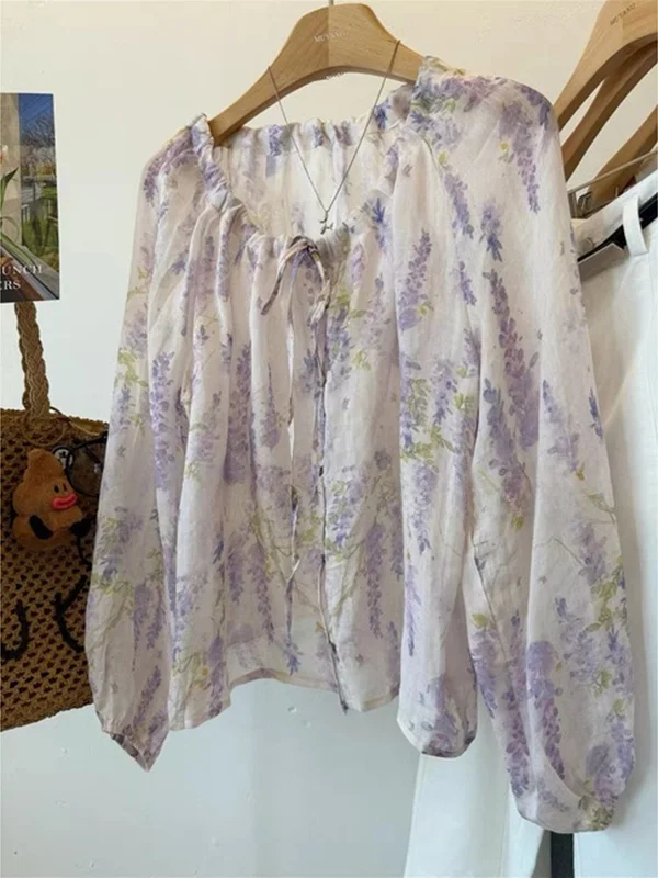 

Extra Large Size Women's Shirt Thin Transparent Long Sleeve Floral Print Gentle Style Summer Casual Polyester Blend Shirt