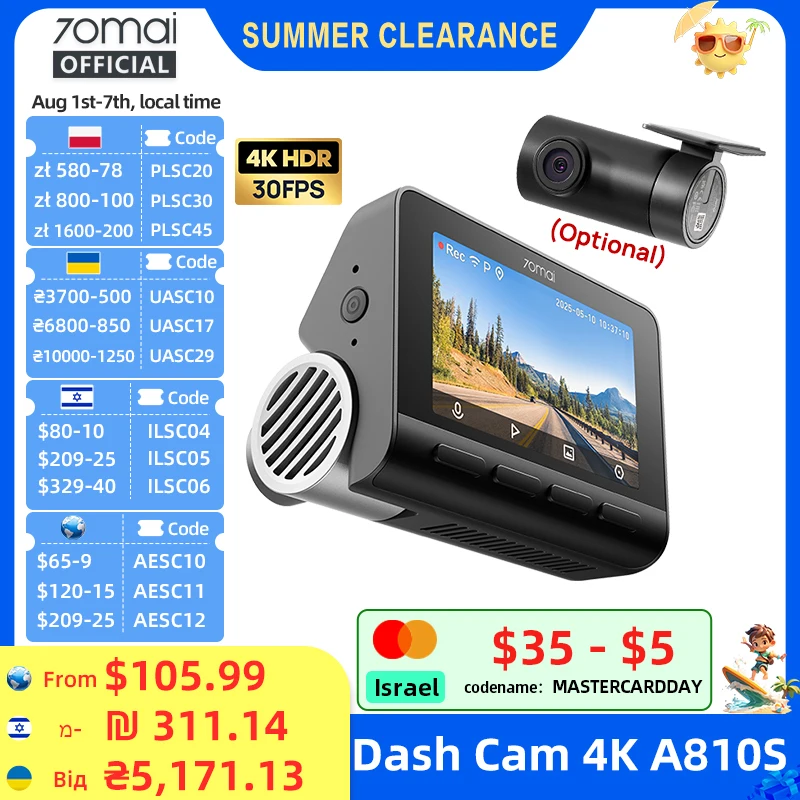 70mai A810S 4K Dash Cam 2-Ch GPS ADAS