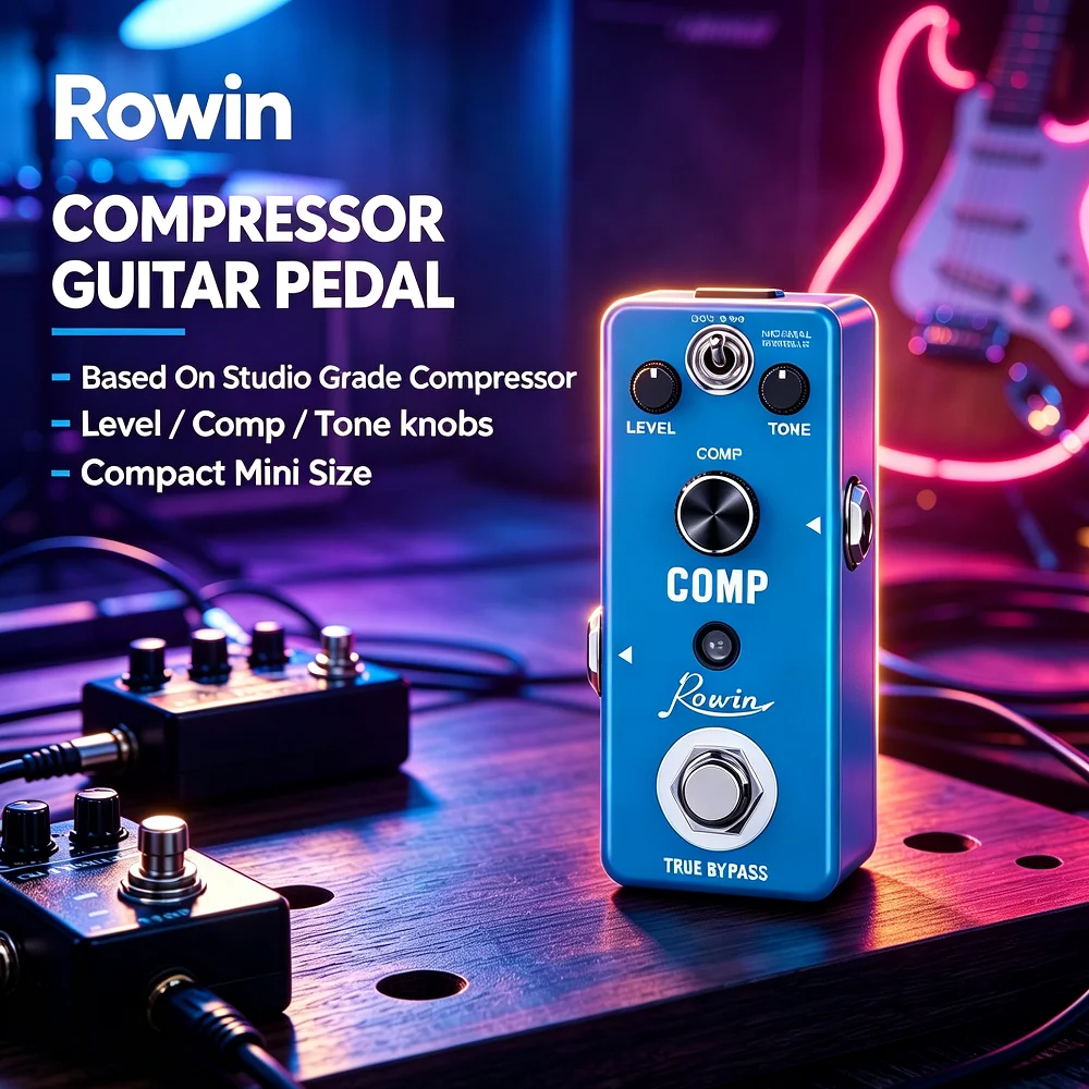 Pédale de compression pour guitare Rowin, pédale d'effet de compression de qualité studio, boutons de réglage du niveau et du ton, taille compacte, True Bypass, pour basse.