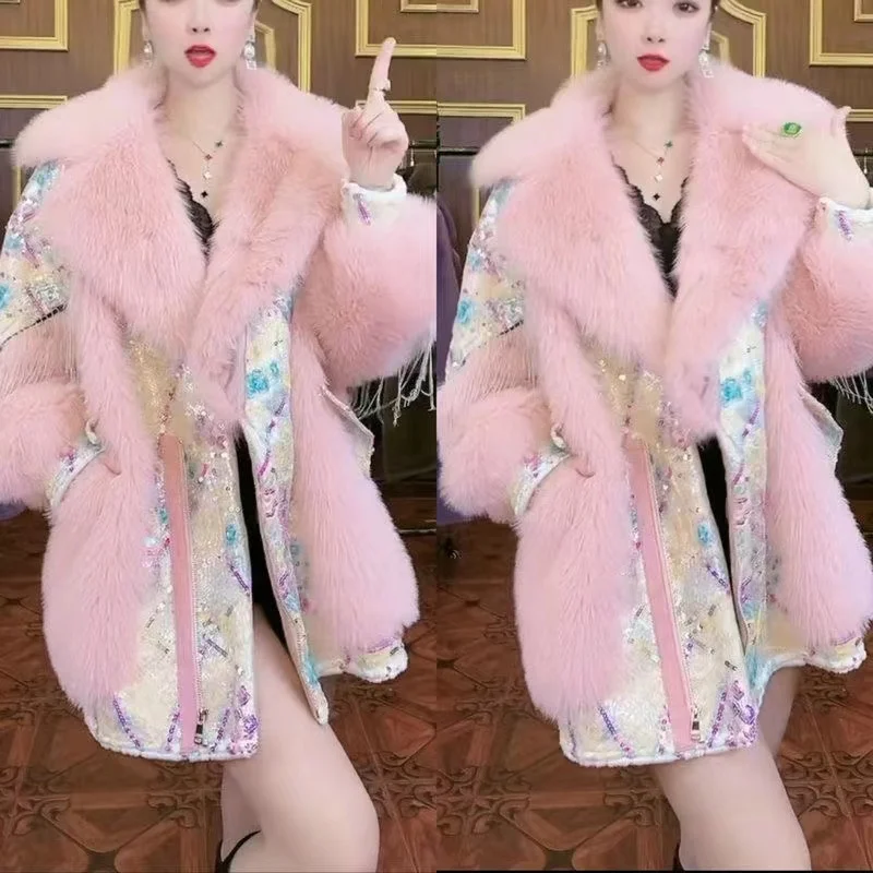 Winter Heavy Autumn Industry Tassel Sweet Long Sleeve Coat Women Loose Oversized Overcoat Slimming Plush Faux Fur Jacket