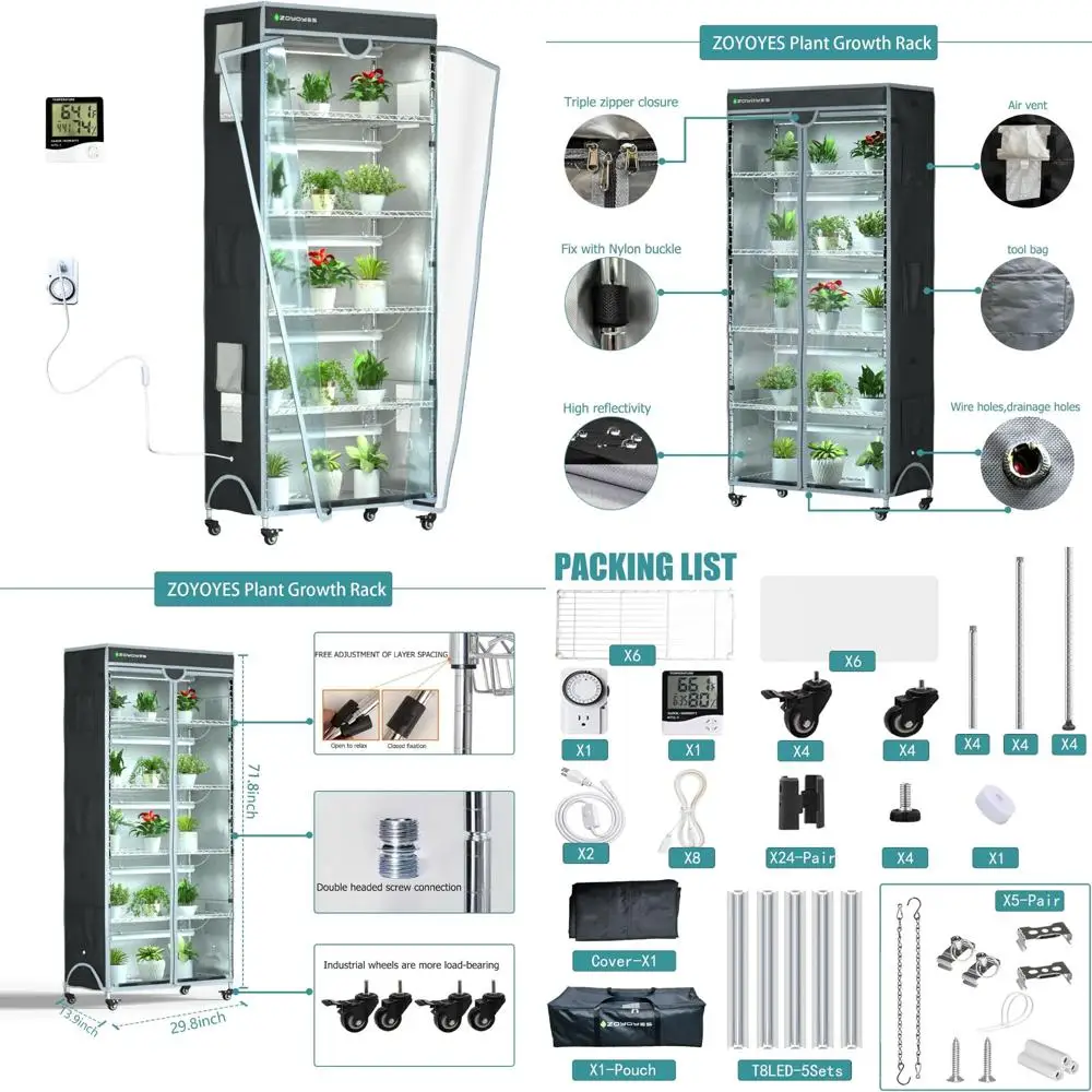 

6-уровневая тепличная стойка для размножения рассады в помещении с 5 светодиодными лампами для выращивания растений T8 и таймером температуры