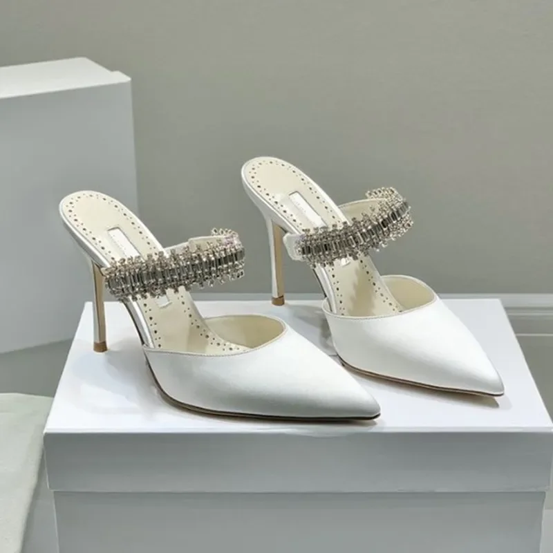 Scarpe Mueller da donna primavera e autunno nuovo tacco alto a punta moda acqua diamante catena di cristallo con testa sandali bocca poco profonda