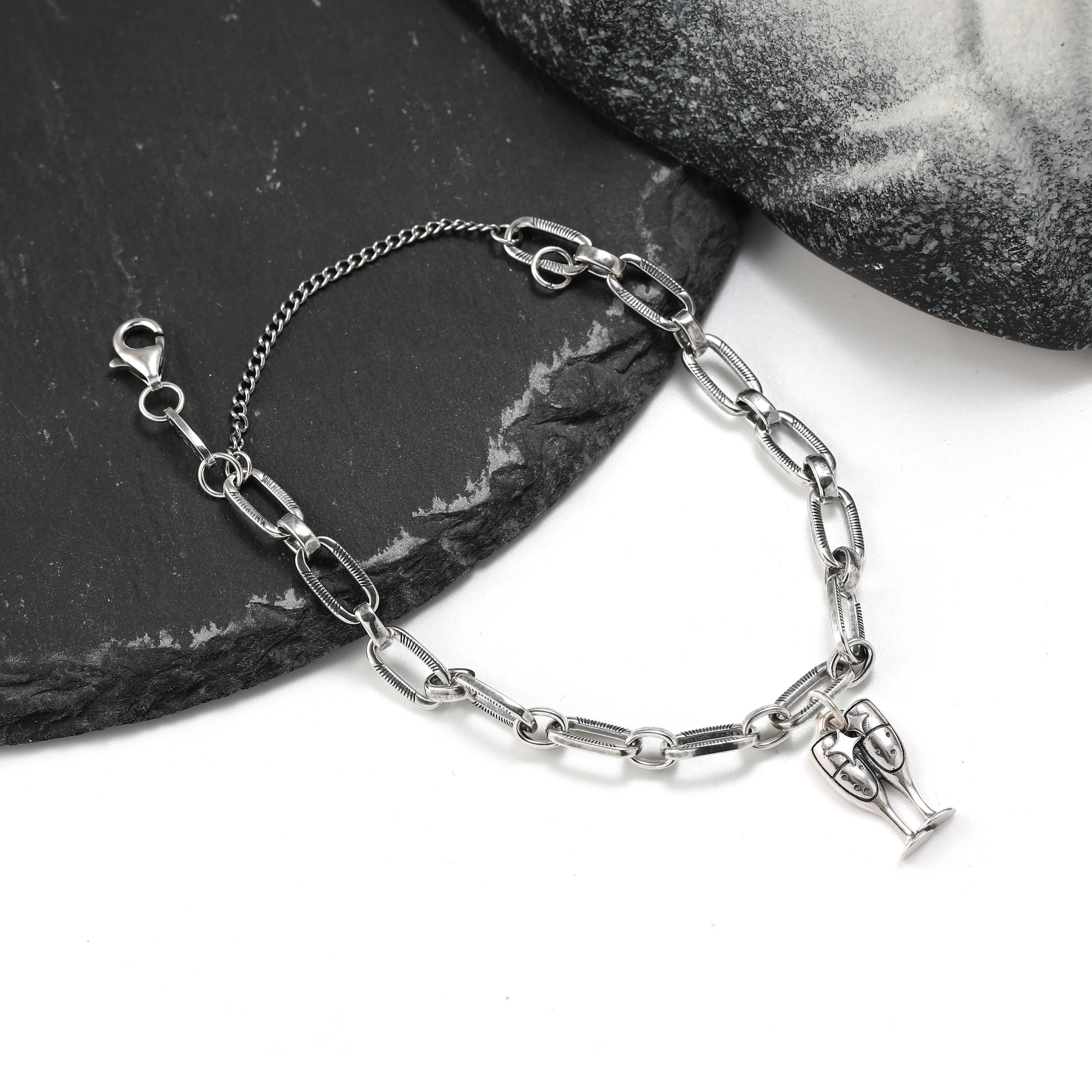 

Authentic 925 sterling silver James Avery Ornate Links Charm Bracelet with wine glass pendant