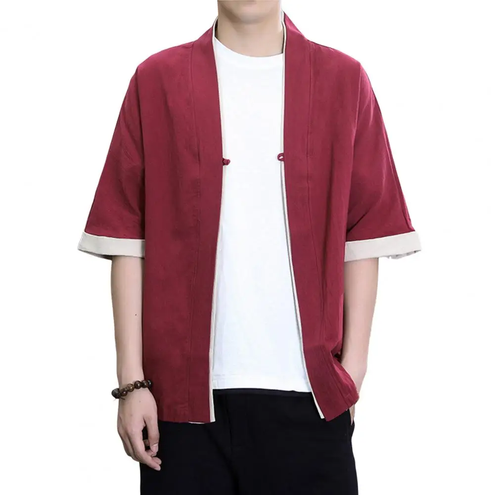 Summer Men Shirt Retro Chinese Style Cardigan Loose Color Matching Korean Japanese Robe Folded Edge Shirt Top