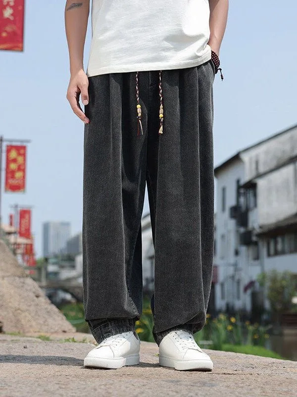 

Свободные повседневные мужские джинсы, летние дышащие брюки с широкими штанинами, эластичный пояс, длинные брюки, молодежные модные прямые брюки-трубы