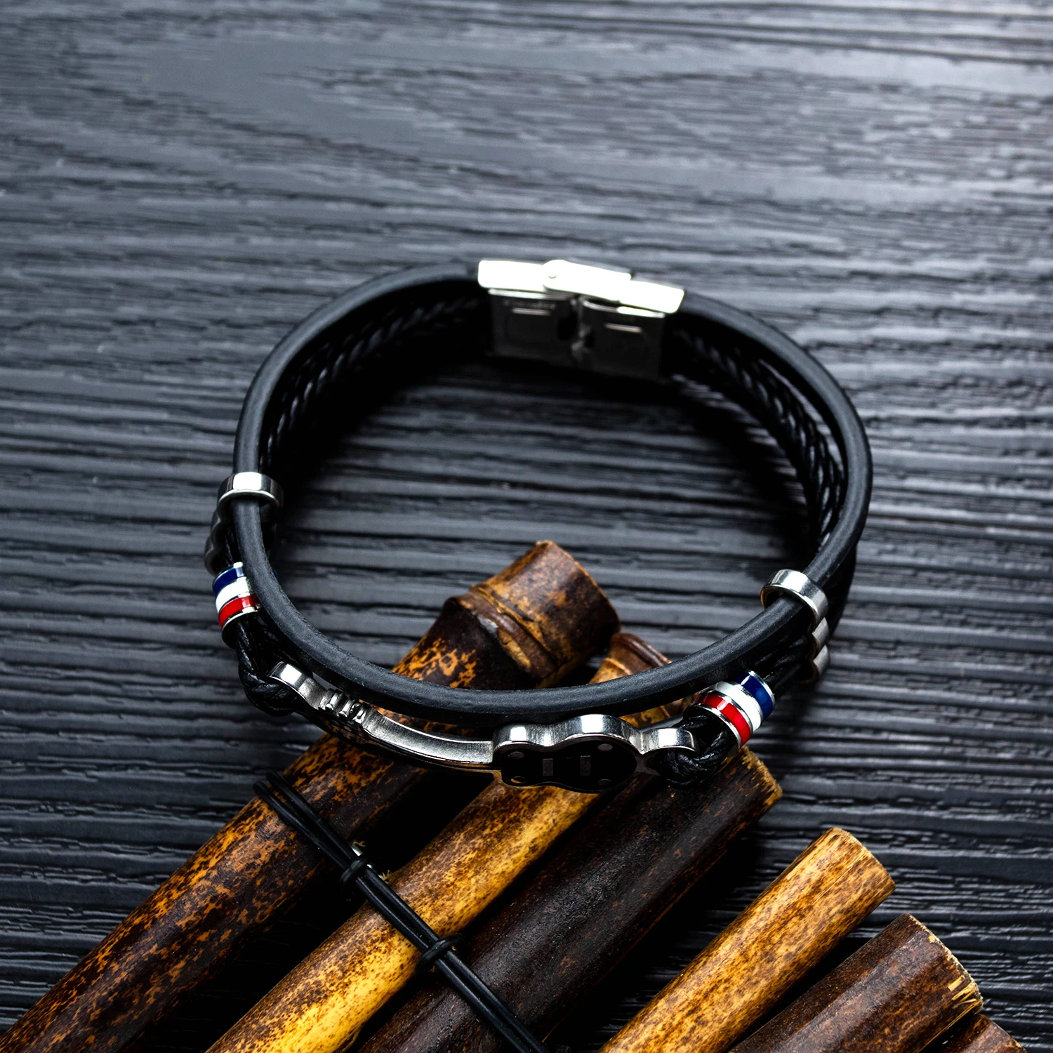 Japan and South Korea Fashion Hip-Hop Music Style Guitar Bracelet Jewelry Personality Street Versatile Leather Men\'s Bangle