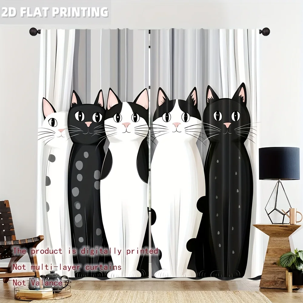 2 Panels Cute Cat Printed Curtains Cartoon Black White Kitties Window Drapes Polyester Living Room Bedroom Home Decor
