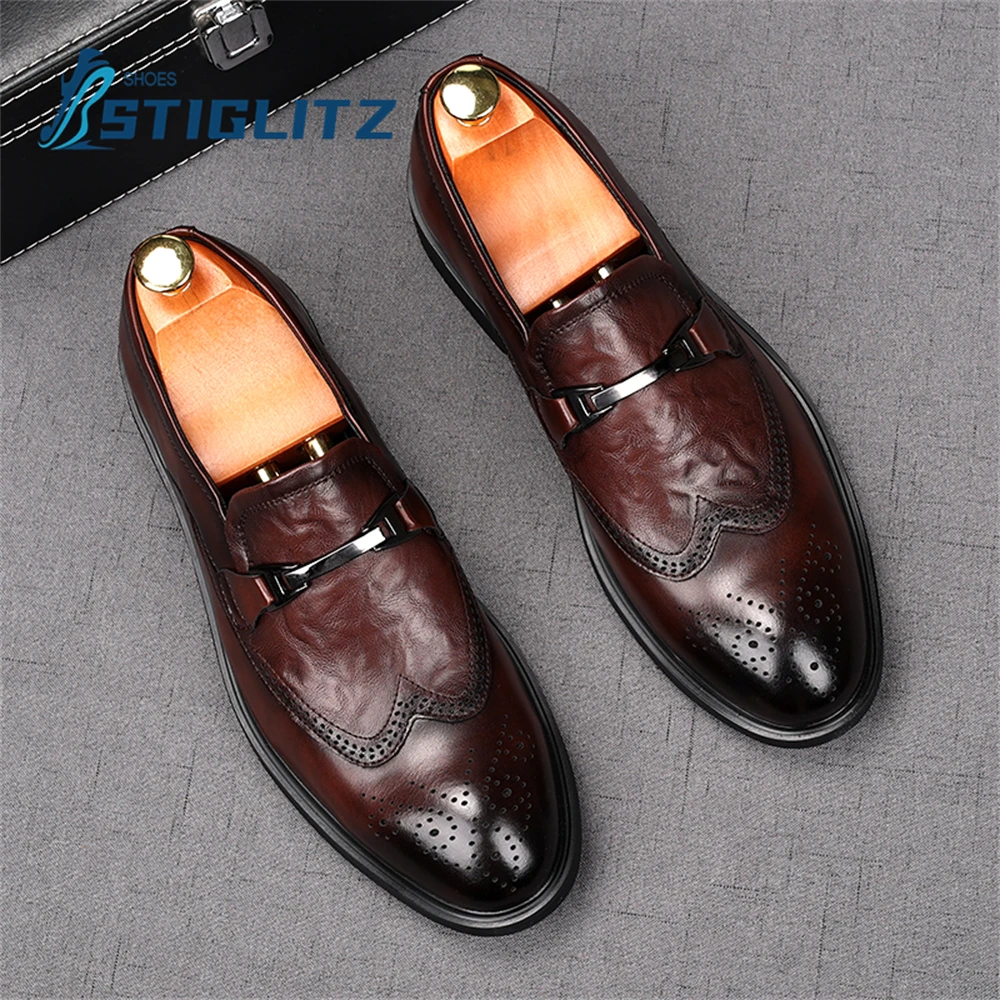 

Gradient Shallow Brogues Round Toe Slip On Soft Sole Shoes Men's Genuine Leather Oxfords Flat Casual Shoes Comfortable Men Shoes