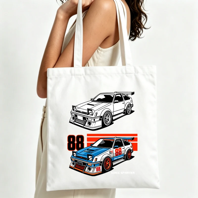 canvas tote bag with racing car graphic and number print, retro style for daily shopping and casual outings