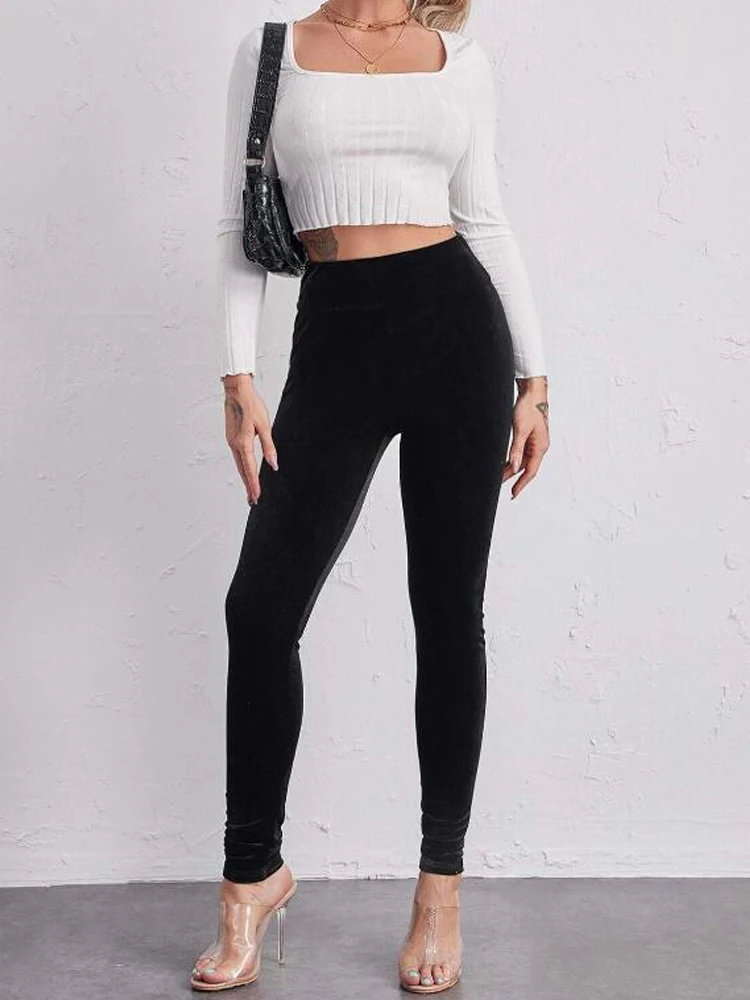 OUMENGKA Spring Elastic Waistband Velvet Skinny Women\'s Pencil Pants Stretch Slim Trousers Female Pencil Leggings S-4XL