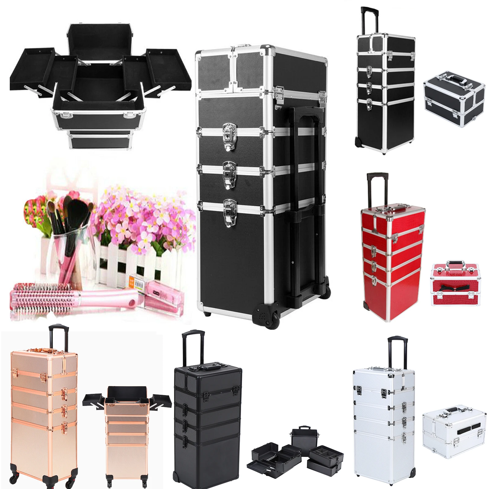 4 in 1 Trolley Make Up Case Cosmetic Nail Hairdressing Beauty Vanity Trolley Rolling Train Case Large Capacity Luggage Bag