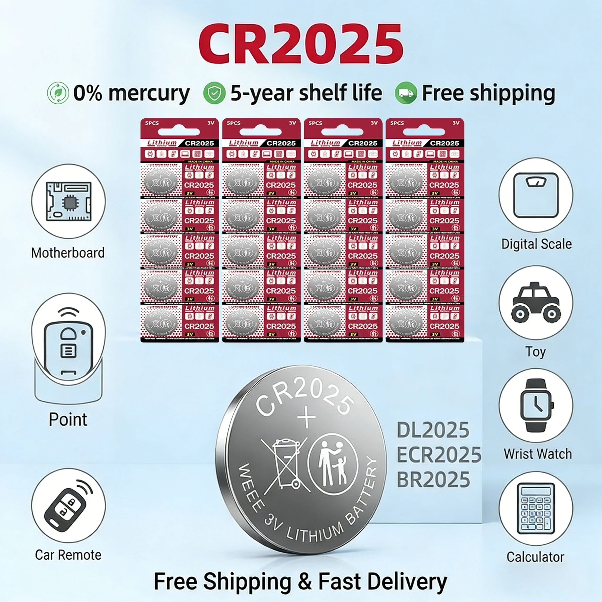

3V 150mAh CR2025 Coin Battery Compatible with DL2025 BR2025 KCR2025 for Car Remote Control Watch