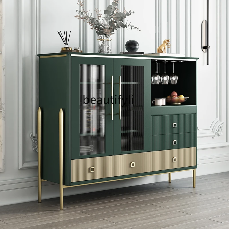 Light Luxury Sideboard Cabinet Solid Wood Tea Side Cabinet Multi-Functional Storage Wine Cabinet Minimalist Glass Door