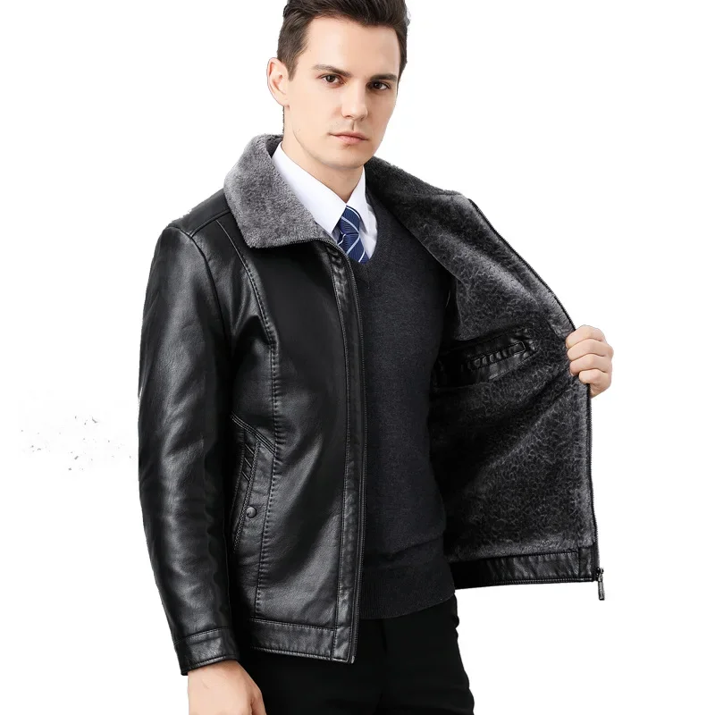 Piel de cuero de alta calidad para hombre, chaqueta de cuero con solapa informal de piel de oveja gruesa de lana, abrigo para papá, nueva ropa de invierno para hombre