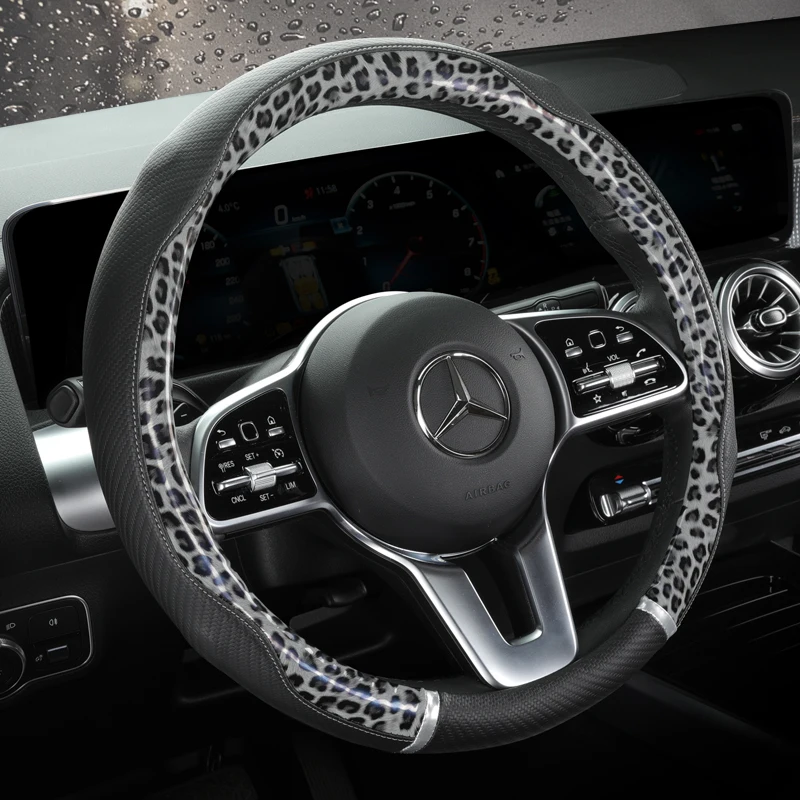 Car Anti-Slip Leather Steering wheel Cover Universal Protective Cover Splicing Leopard Print Fashion Style 38cm Shape O D