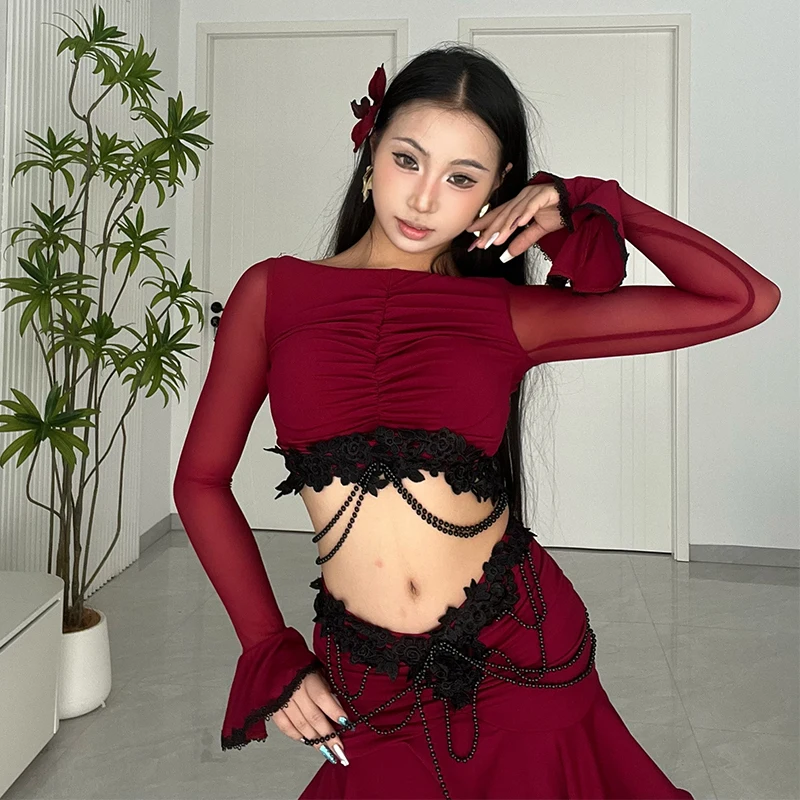 Latin Dance Costume Women Sexy Performance Clothes Short Top Fishbone Skirt Winte Red Black Dress Adult Rumba Dancewear DNV21705