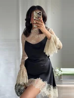 Elegant Lace Trim Satin Dress Women High Neck Color Block Full Sleeve Y2K Mini Dresses 2026 Spring Lady New Sexy Party Clubwear - Image 4