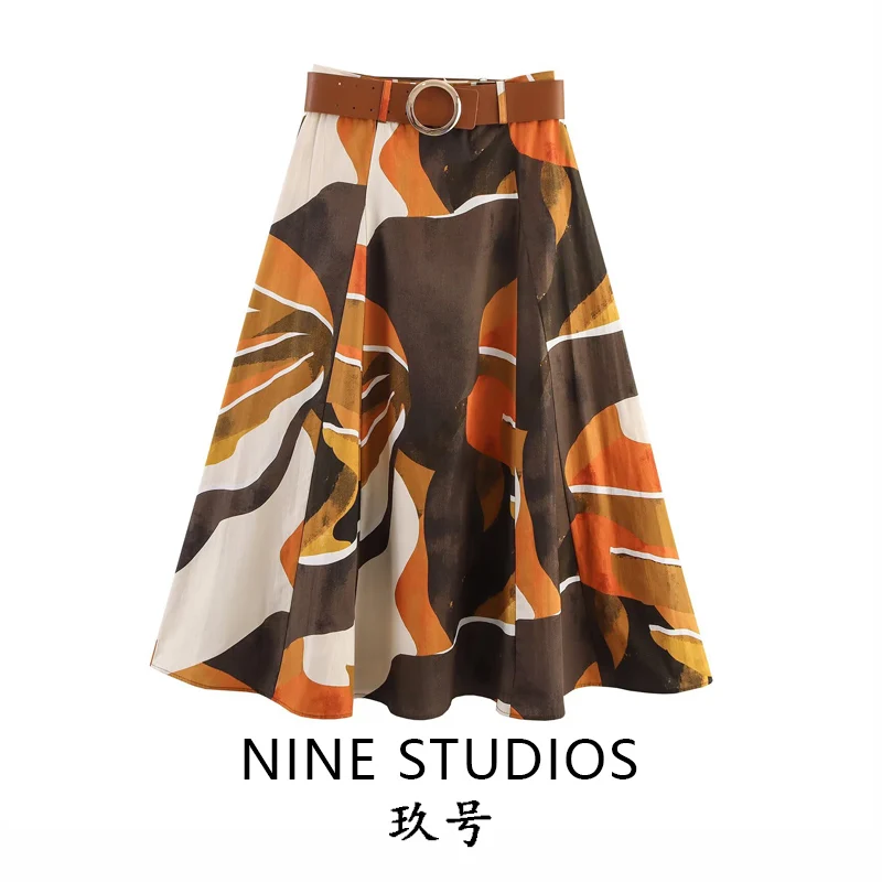 

Защитная юбка с высокой талией и принтом, с поясом, свободный широкий подол, женские повседневные юбки трапециевидной формы, летние юбки из полиэстера с высокой талией