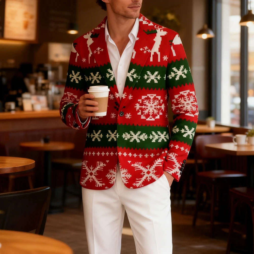 Men's Festive Xmas Casual Blazer 3D Pinecone & Snowflake Pattern Single Button Sport Coat for Holiday Party Wedding Formal Wear
