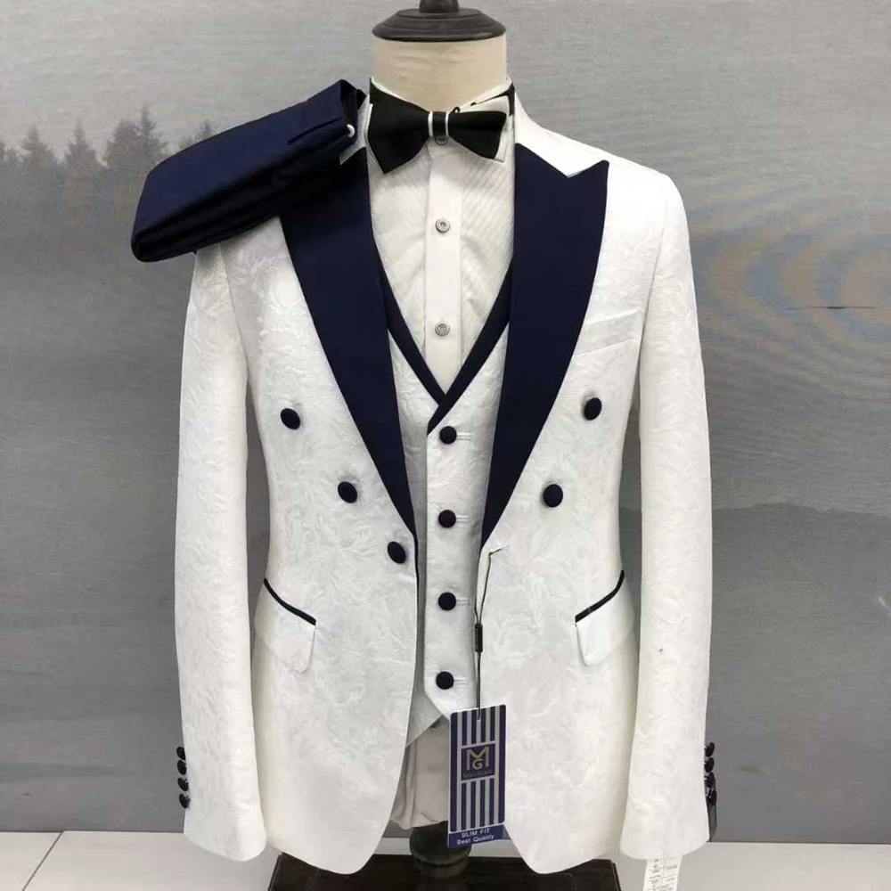

Elegant White Jacquart Men's Suits 3 Piece Jacket Pants Vets Customzied One-Button Peak Lapel Slim Fit Male Clothing Terno