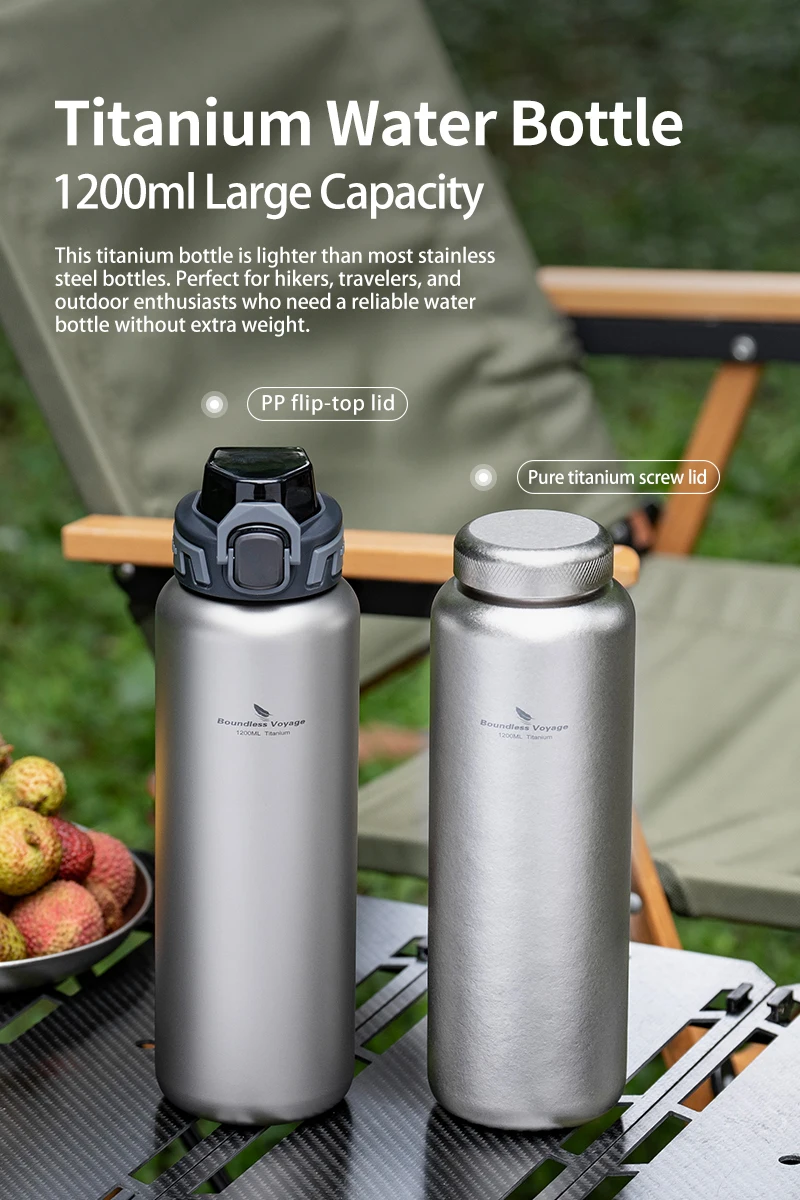 Boundless Voyage Titan-Wasserflasche 1,2L/40,6oz mit Klappdeckel/Titandeckel Leichtgewichtige Auslaufsichere Camping-Wander-Fitness-Flasche – Detail 1