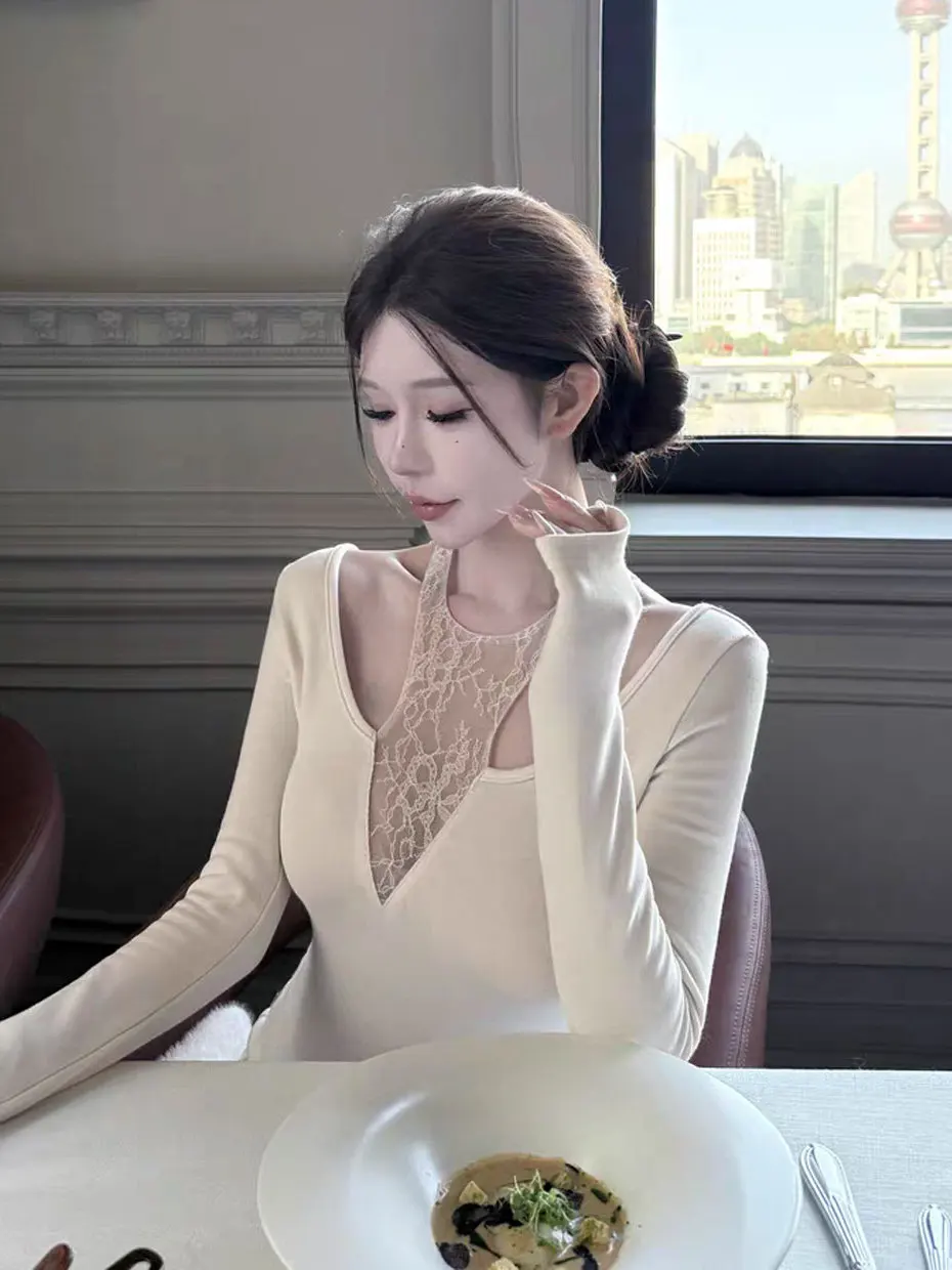 

Sexy Lace Hollow out Long Sleeve Low Neck Pure Desire Spicy Girl T-Shirt Base Layer Shirt Autumn Winter Slim Fit Inner Wear