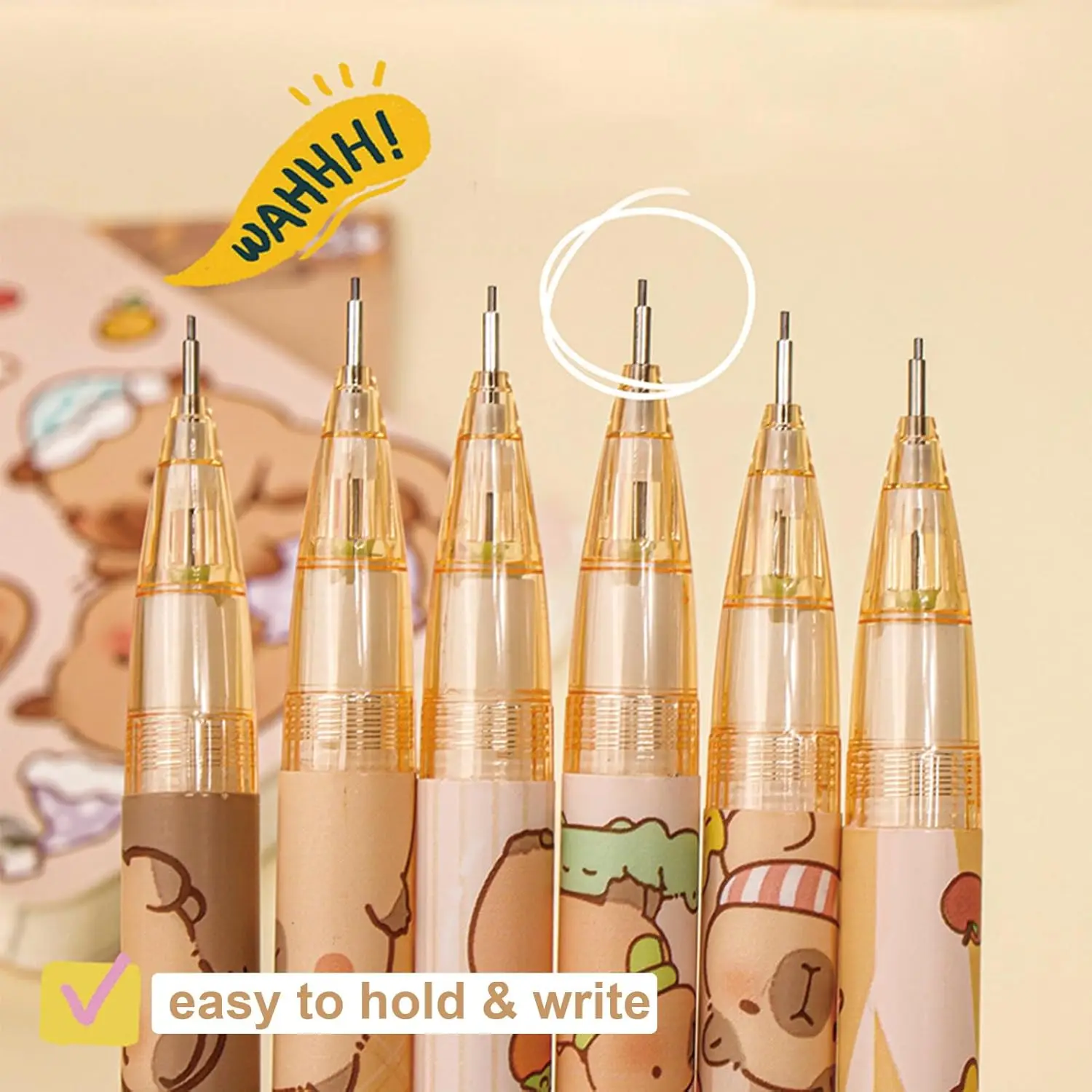 

Набор из 6 милых механических карандашей с ластиком, 0,5 мм, с мультяшным дизайном Капибара, легкие карандаши для детей, мальчиков, девочек, женщин