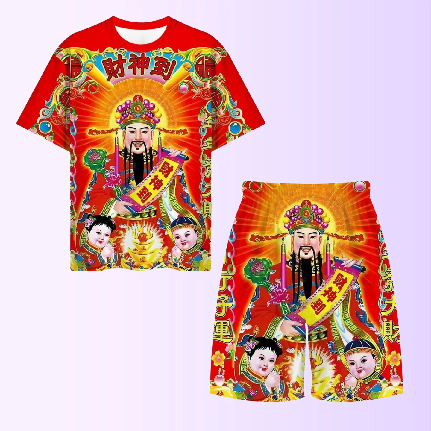 Abstract Short Sleeve Men's T-Shirt Set 2025 Spring Autumn New Style Wealth God Street Fashion Clothes Polyester Fiber