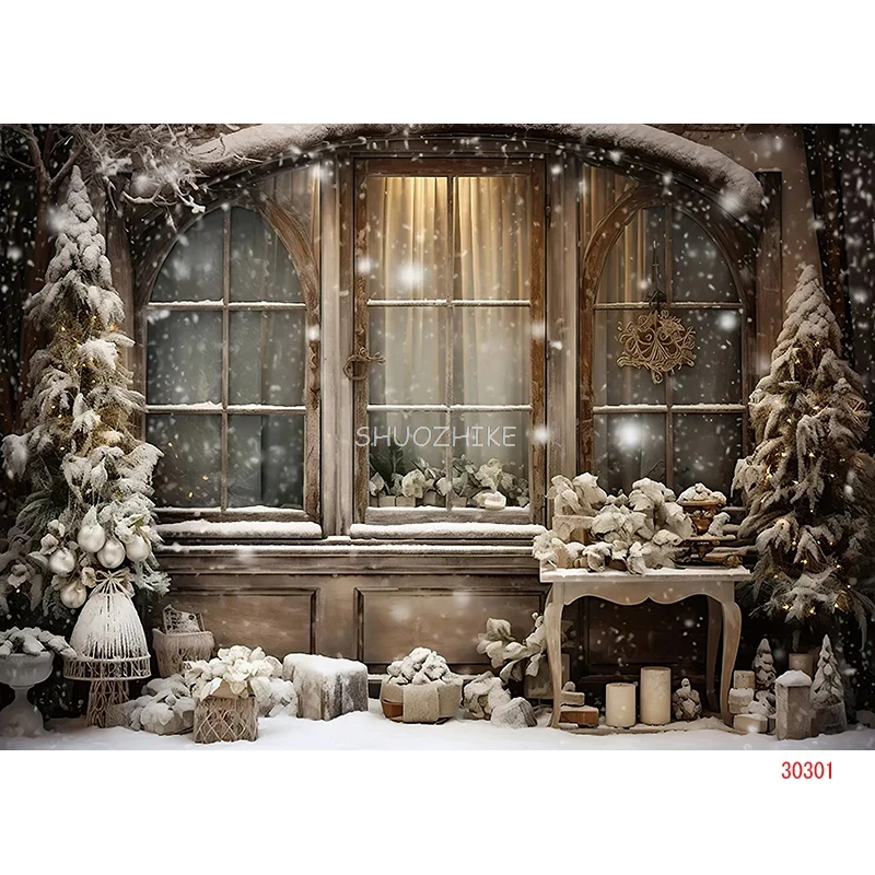 

SHUOZHIKE Christmas Tree Photography Backdrop Prop Wooden Doors Snowman Cinema Pine New Year Window Wreath Studio Background S11