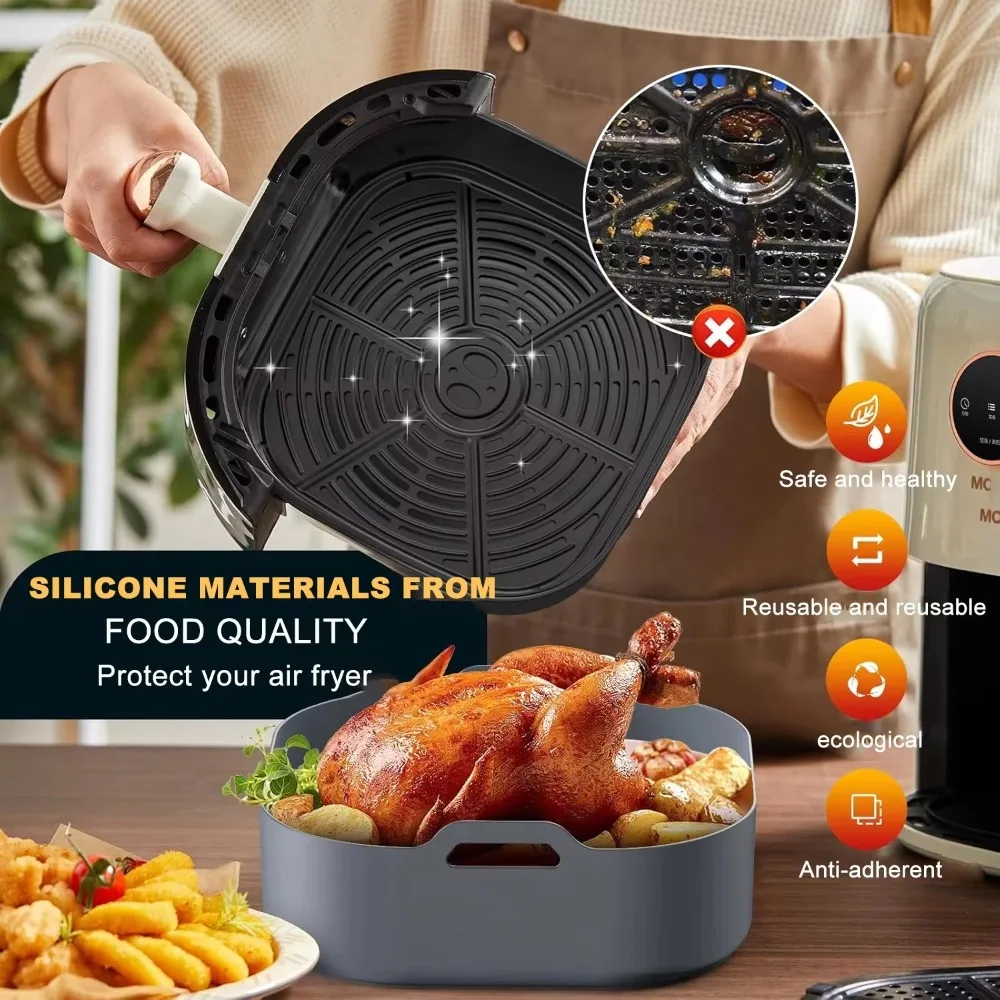 Silicone Air Fryer Baking Tray 5.5-6.2L Heightened Reusable Air Fryer Basket Square for Philips-NA230 Ninja 180COSORI
