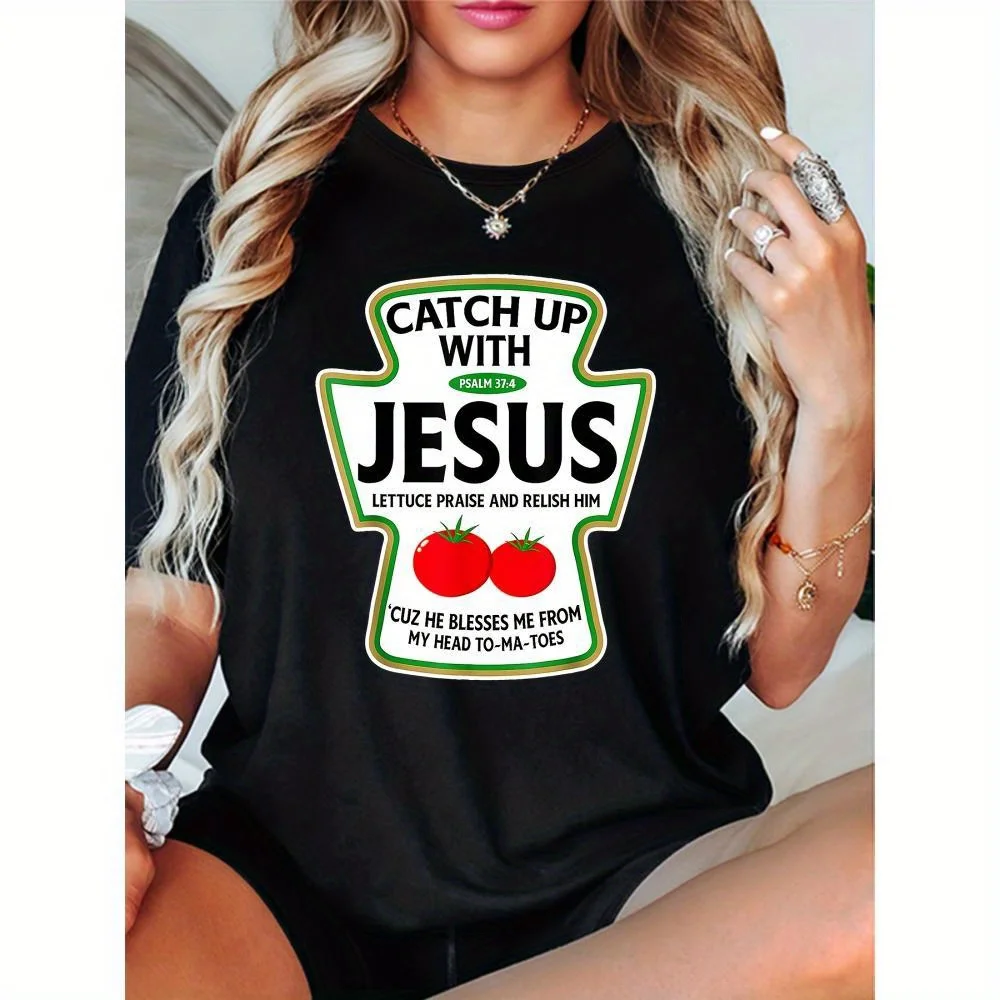 تي شيرت نسائي برسومات "Cach Up With Jesus" مقاس كبير - رقبة دائرية كاجوال، كم قصير، تي شيرت أسود مع فكاهة دينية، طماطم #1