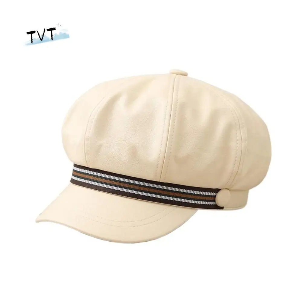 レトロストライプPUレザーベレー帽暖かい防風八角帽子フラット韓国スタイルペインターハットアウトドア