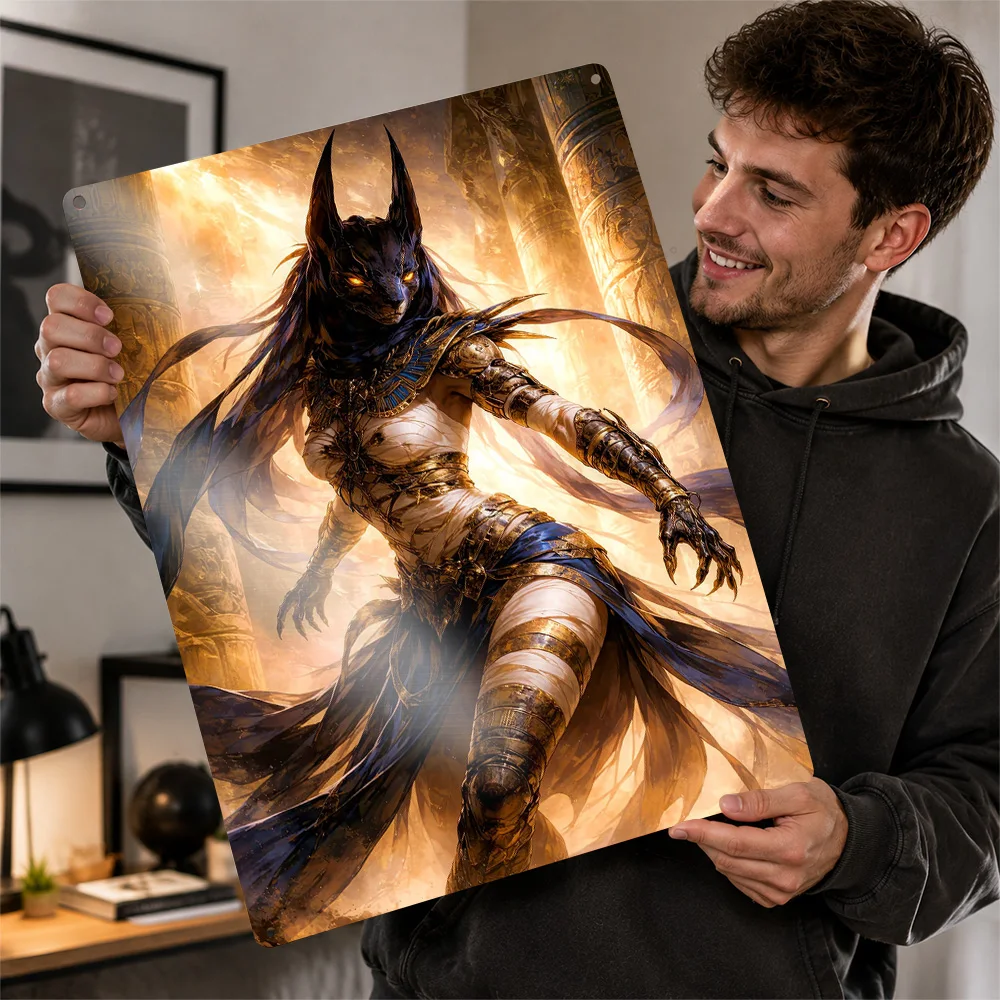Anubis Warrior In Egyptian Temple Printed Poster Customized Aluminum Metal Sign Mystic Portrait Wall Art Made For Fantasy Fans