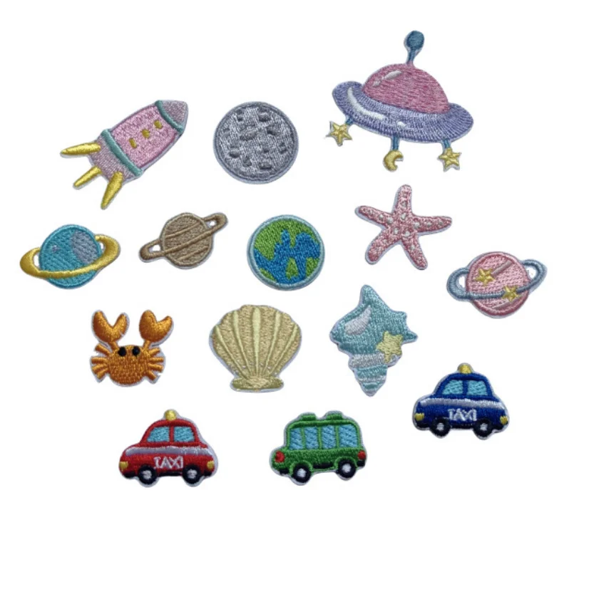 10 Pcs Crab Space Cars Embroidered Patches Iron On Clothing Hat Bag Shoe Repair Material Phone Gift Box Decor DIY Accessory