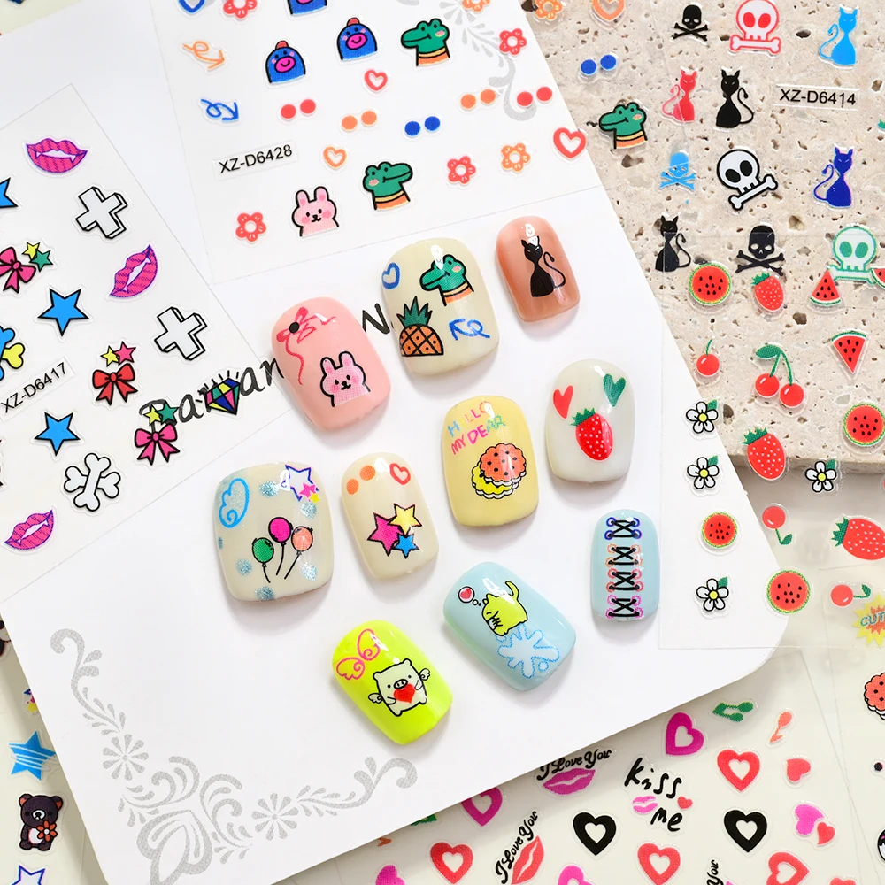 30 pezzi adesivi per unghie modello simpatico cartone animato cuore 3D, fiore, frutta, animale design colorato decalcomanie per unghie per manicure scrapbook deco