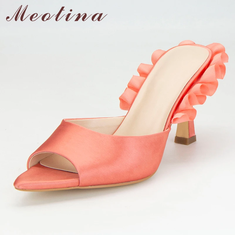 Meotina Women Slides Pointed Toe Thin High Heels Sandals Ruffles Slippers Sexy Design Ladies Fashion Shoes Summer Orange-red 41