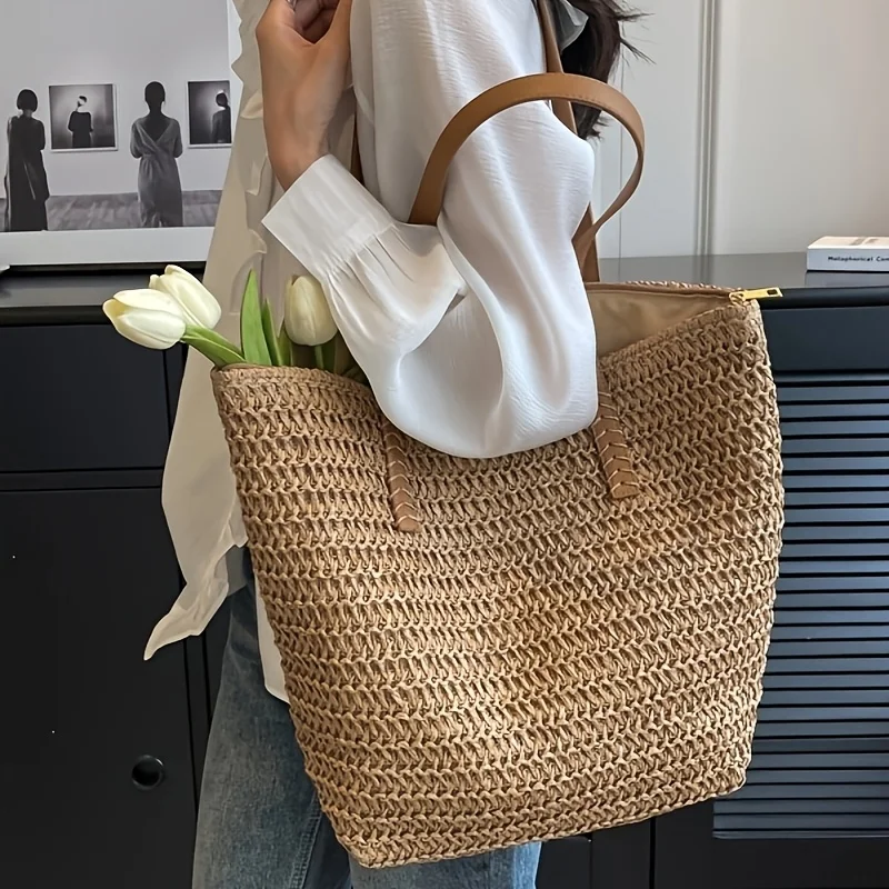 Fashionable and Versatile Women's Woven Bag with Zipper for Travel, Large Capacity Beach Bag, Handbag image 2