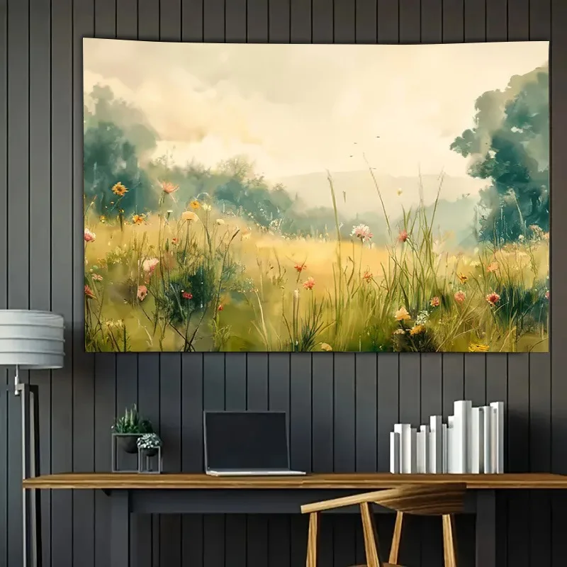 

Мягкий акварельный луговой гобелен: подсолнух полевого цвета с узором Serene Cottagecore, настенный декор для гостиной, домашнего офиса