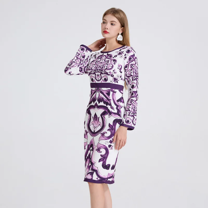 Ele High Waist Printed Long Sve Bodycon Dr Street Sle Autumn Faion for Middle-Aged Women Thiened Fabric
