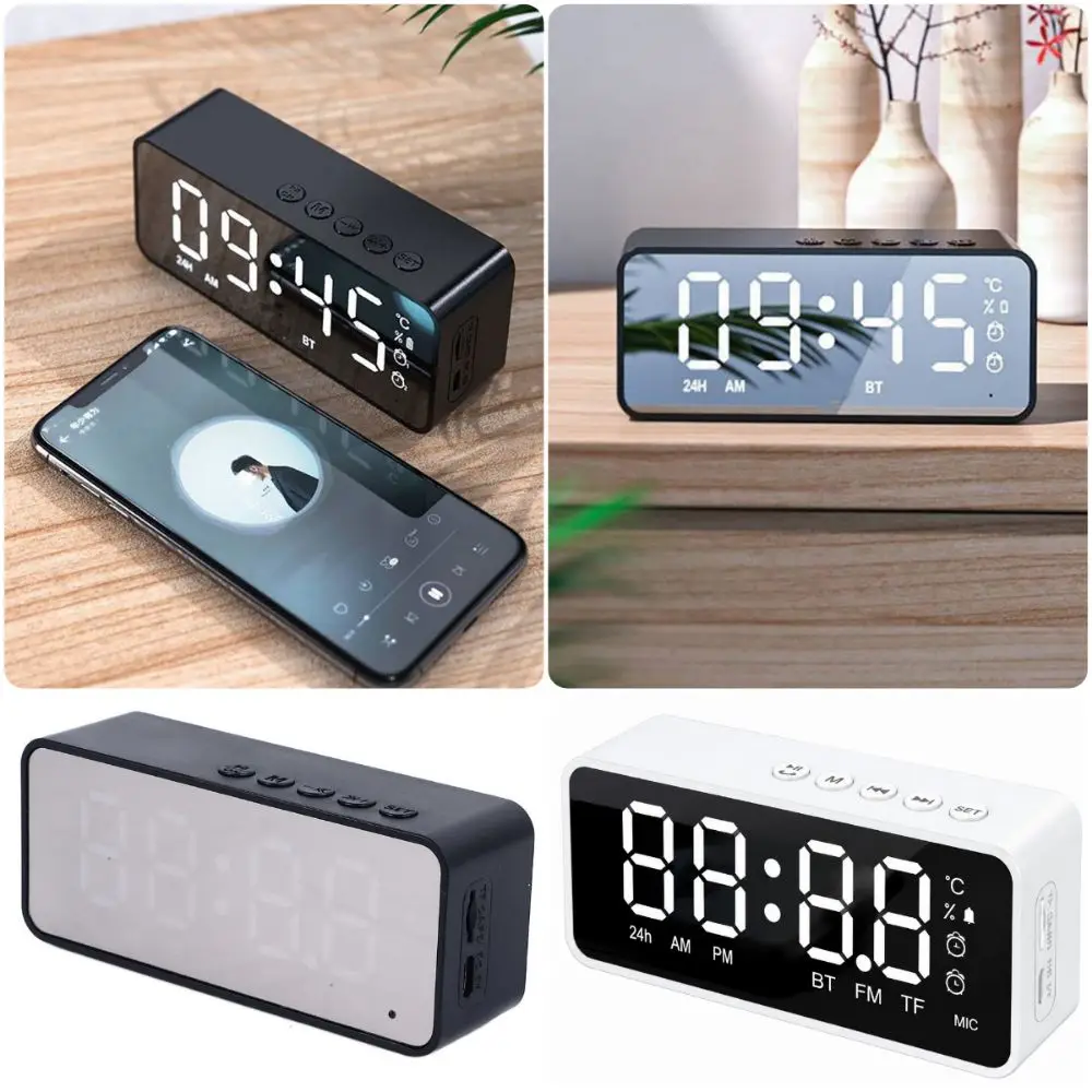 Rechargeable Mirror Surface Alarm Clock 5.0 Bluetooth TF Card FM Radio Black White High-definition Speaker Digital Clock