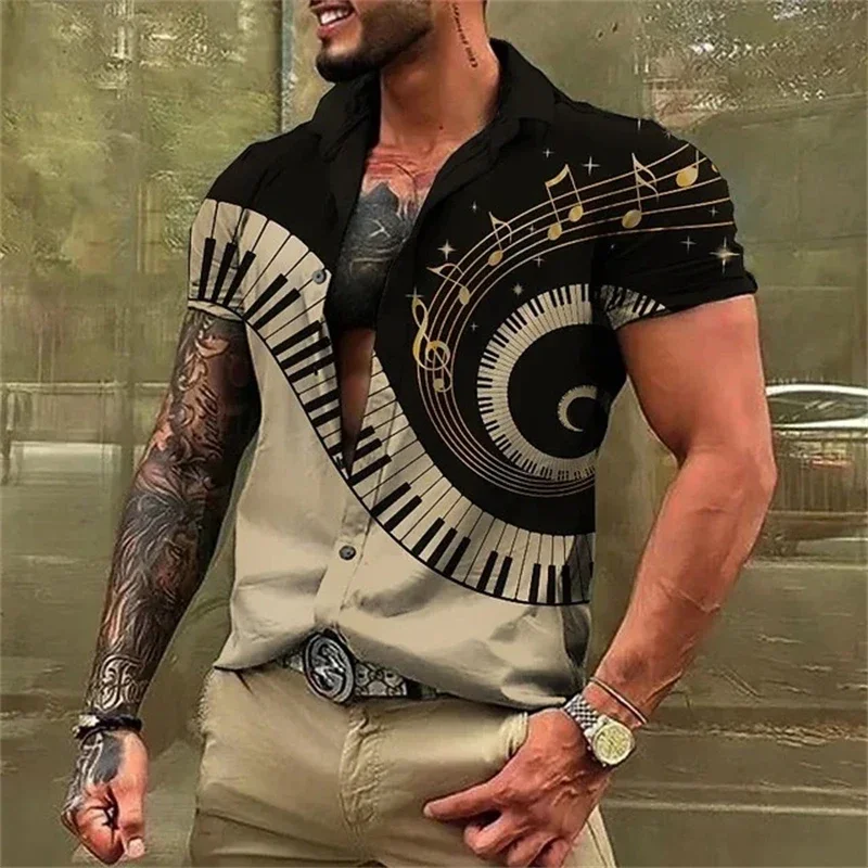 

New fashion men's shirt summer 3D guitar print music shirt casual lapel short-sleeved clothing large size XS-5XL